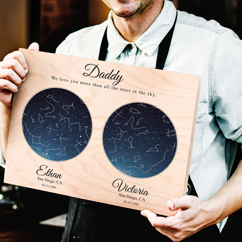 Stars On A Date Fathers Day Gift From Kids For Dad Personalized Star Map Print Wood Gift For Dad From Daughter Son Fathers Day Gift